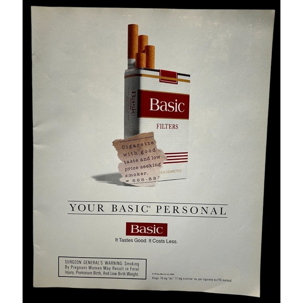 Philip Morris Basic Cigarettes Print Ad Vintage 1994 Smoking Tobacciana